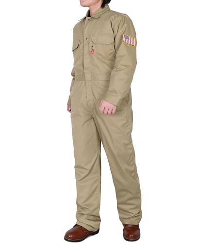 BOCOMAL FR Coverall Men 7.5oz Twill Cotton Flame Resistant/Fire Retardant Work Coveralls NFPA 2112 Khaki