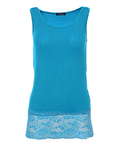 Easy Young Fashion - Débardeur pour femme avec ourlet en dentelle - Sous-vêtement long coupe skinny 0518, Turquoise., 38-40