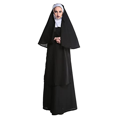 Disfraz de monja de Halloween para adultos, vestido de monja del Reino Unido con chal con capucha, disfraz de 2 piezas, disfraz de mujer para fiestas de terror, color negro