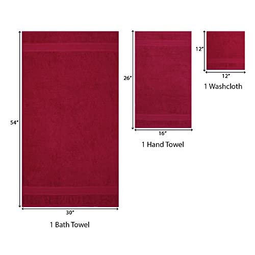 Trident 3 Piece Bath Towels Set For Bathroom - 1 Large Bath Towel, 1 Hand Towel, 1 Washcloth 100% Cotton Soft And Plush Highly Absorbent, Soft Towel For Hotel & Spa - Crimson Burgundy Red #TOP3