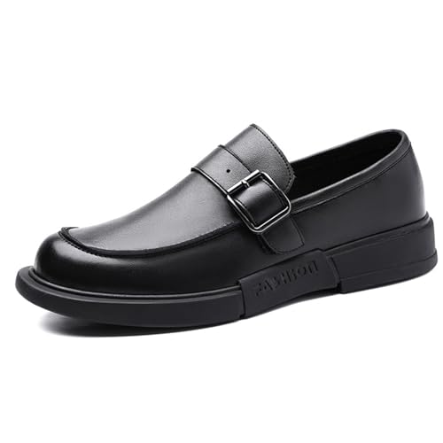 Men's Black Leather Buckle Flat Dress Loafers Comfortable Round Toe Soft Bottom Non-Slip Slip-On Formal Shoes Suitable for Business Work and Leisure