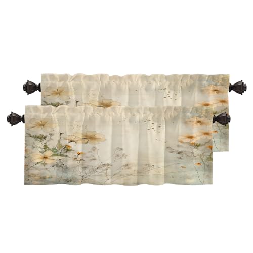 BaoNews Flowers Stems Background Kitchen Valances for Windows, Beautiful Floral Illustration Blackout Valances Curtains Multilayer Polyester Drapes for Kitchen Bedroom 2 Pack 52X16 Inches