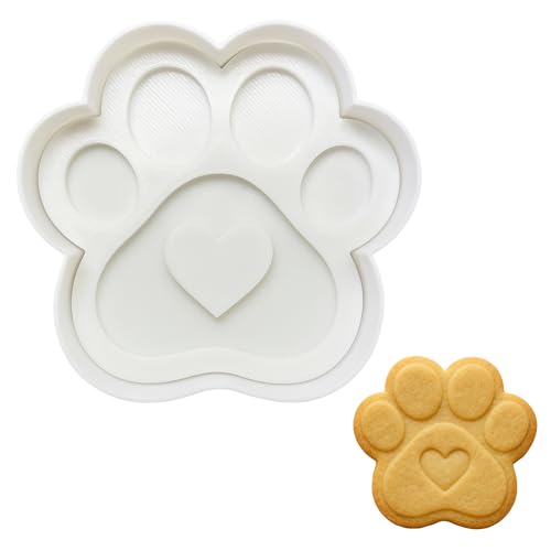 Dog Paw Print Cookie Cutter and Stamp Set with Heart Design, 3 Inch Durable Plastic Baking Tool for Cookies, Fondant, Pet Treats, Clay Crafts, Easy Grip Handle, Food Safe