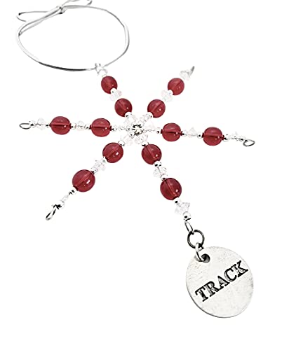 Track Round Ornament - Beaded Snowflake Christmas Ornament/Gift Tag With Round Pewter Track Pendant With Jewelry Box - Handmade With Red Vintage Beads #TOP26