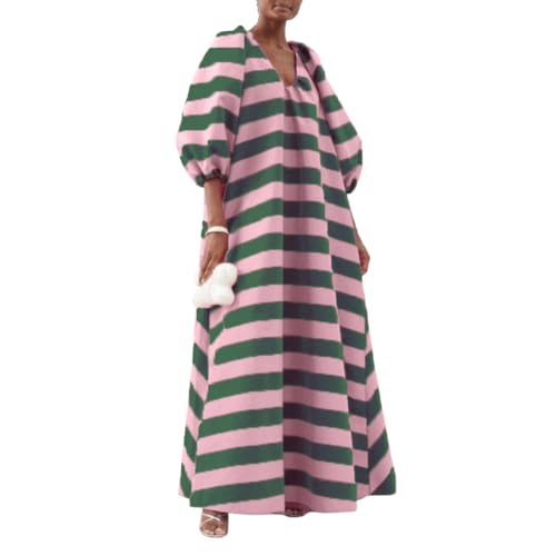 Womens Pink Green Stripe Maxi Dress Half Sleeve V Neck Lantern Sleeve with Pocket Casual Dresses