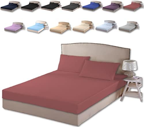 TheWhiteWater Double Duvet Set - 3 in 1 Double Bedding Set - Duvet Cover + Fitted Bed Sheet + Matching Pillowcases - Natural Cotton + Virgin Polyester - Hand Stitched Pintuck Pleated Cover (Pink)