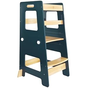 WOOD CITY Kitchen Step Stool Safe Montessori Standing Tower for Kids with Safety Rail Height Adjustable Toddler Ideal Helper for Learning New Skills Anti Slip Protection for Bathroom Deep Blue