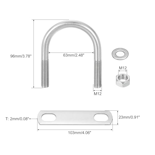 Image of uxcell Round U-Bolts, 4 Sets 63mm(2.48 inch) Inner Width 96mm Length M12 304 Stainless Steel U Clamp Bolt with Nuts and Plates, for Boat Trailer