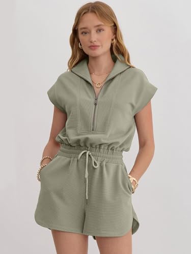 Image of Rompers for Women Summer Short Sleeve Half Zip Lapel Collar Jumpsuit Casual Drawstring One Piece Outfits with Pockets