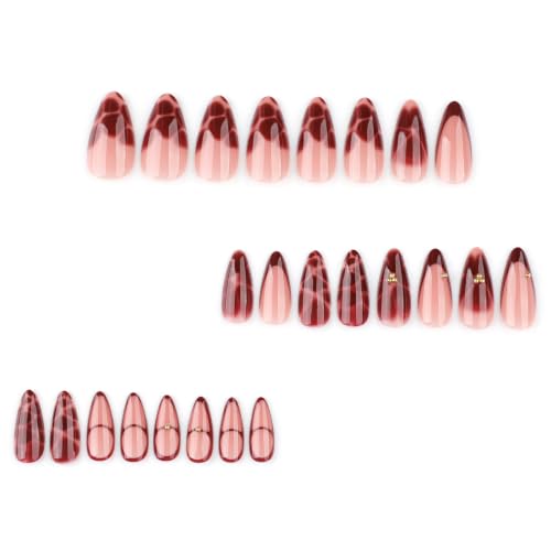 Image of Red Press on Nails French Tip Fake Nails Medium Almond Nails Flower Nails | Floral Design Burgundy Figure Stick on Nails Reusable Nude Glossy Full Cover Nails Press ons for Women Manicure 24Pcs