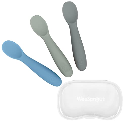 Image of WeeSprout Baby Spoons for Self Feeding 6 Months +, Soft & Durable Silicone Utensils for Sensitive Gums & Teeth, Easy Grip Handles & Shorter Length for Little Hands, 3 Pack + Carrying Case