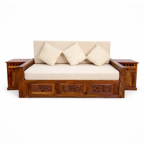 Image of SONA ART & CRAFTS Maharaja Sheesham Wood 3 Seater Sofa Cum Bed with Bedside | Wooden 3 Seater Sofa for Living Room Wooden Furniture Sofa Bed for Home (Natural Finish)