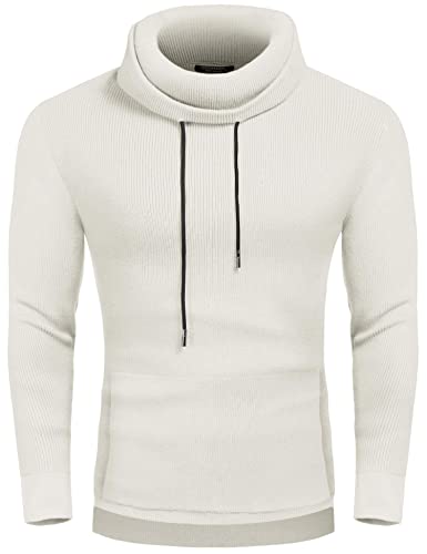 Jinidu Men Hooded Turtleneck Fashion Thermal Cowl Neck Ribbed Sweater Christmas White #TOP1