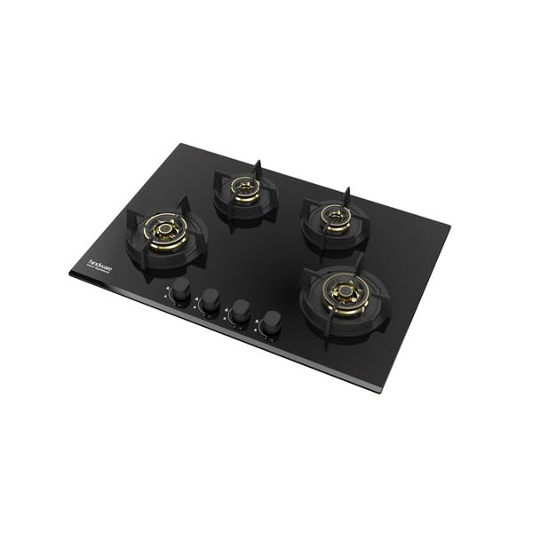 Hindware HAZEL 4B 75 | Full Brass Burner | Auto Ignition | Flame Guard Round Pan Support | Metal Knobs | 8 mm Toughened glass | Hob 4 Burners (Black) - Image 2