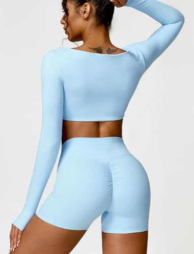 Image of ABOCIW Women Square Neck Long Sleeve Workout Crop Top Low Medium Impact Athletic Yoga Gym Shirts with Built in Bra(ONLY TOP)