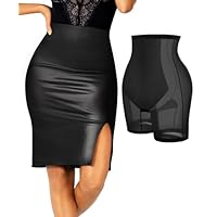 Popilush Faux Leather Skirts High Waist Shapewear Tummy Control Midi Skirt for Women Black