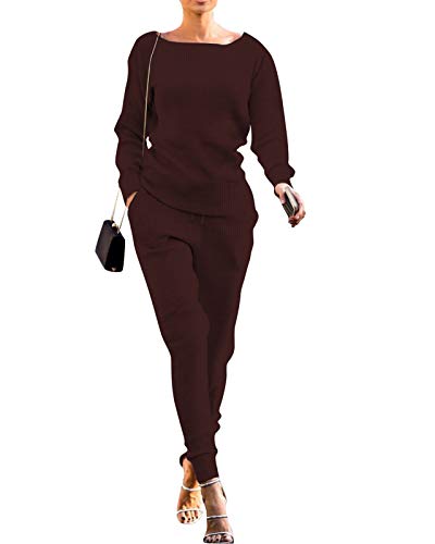 Womens Fall Rib-Knit Outfit 2 Piece Long Sleeve Pullover Sweater Tops Drawstring Long Pants Set Sweatsuits Tracksuit