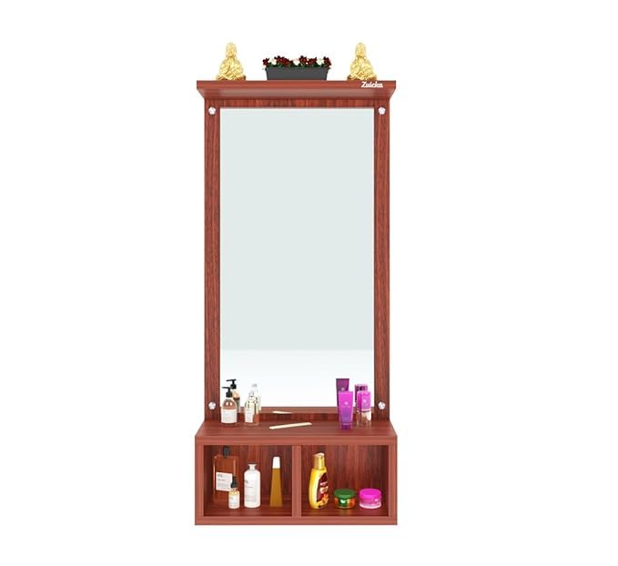 Engineered Wood Frameless Rectangular Wall Mounted Dressing Mirror Table Teak Finish 75 cm with 2 Storage Box Shelves Bathroom Cabinet Organizer Space Saving Vanity Decor Home Furniture