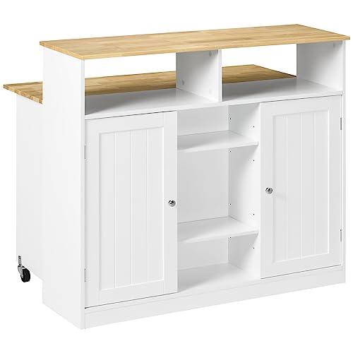 HOMCOM Isla de Cocina con Ruedas Carro de Cocina con Tapa de Madera de Caucho Plegable 2 Puertas y Estantes Abiertos para Comedor 110x66x97 cm Blanco