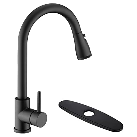 Black Kitchen Faucet with Pull Down Sprayer, VFauosit Industrial Commercial Stainless Steel Single Handle Single Hole RV Laundry Pull Down Kitchen Sink Faucets Matte Black with Deck Plate Cover