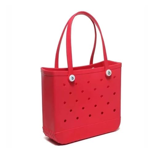 Large EVA Rubber Waterproof Beach Bag for Women - Solid Color Jelly Shoulder Tote with Storage Basket - Travel Shopping Handbag for Summer Vacation(Red,XL 47x33x24cm)