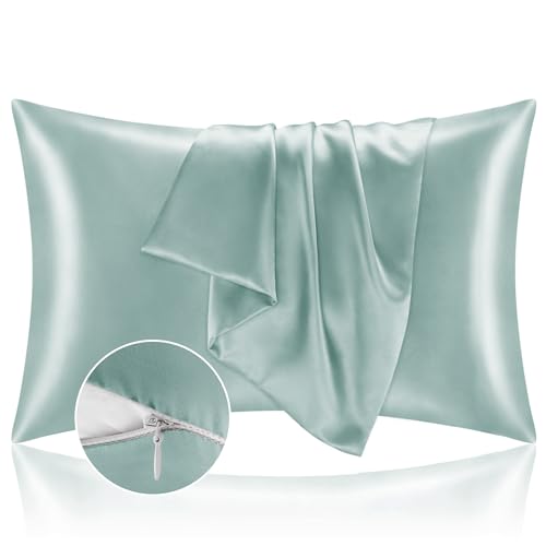 BEDELITE Satin Pillowcase with Zipper 2 Pack, Haze Blue Pillow Cases Standard Size, Super Soft and Cooling Similar to Silk Pillow Cases, Gift for Women Men(20x26 Inches)