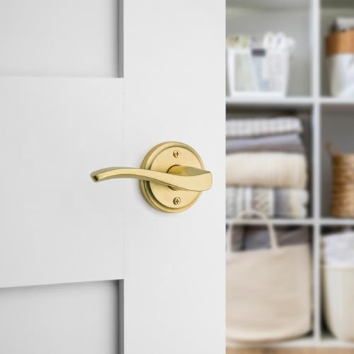 Image of Kwikset Sedona Dummy Door Handle, Single Sided Lever for Closets, French Double Doors, and Pantry, Satin Brass Non-Turning Left Handed Interior Push /Pull Lever, with Microban Protection