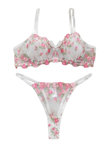 Image of Sexy Floral Embroidered Flower Mesh Underwire Push Up Lingerie Set