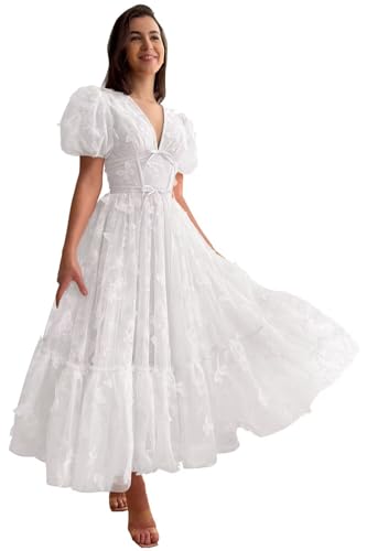 Zepumen 3D Butterfly Prom Dresses for Teens 2025 Puffy Sleeve V Neck Tea Length Formal Evening Party Gowns