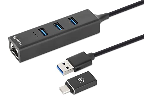 Manhattan 3 Port USB A & C Hub Combo to Ethernet Adapter – 2ft Long Cable, Durable Aluminum, USB 3.0 5 Gbps Data Transfer, RJ45 Wired LAN 10/100/1000 Mbps, for Laptop – 3 Yr Mfg Warranty-180894