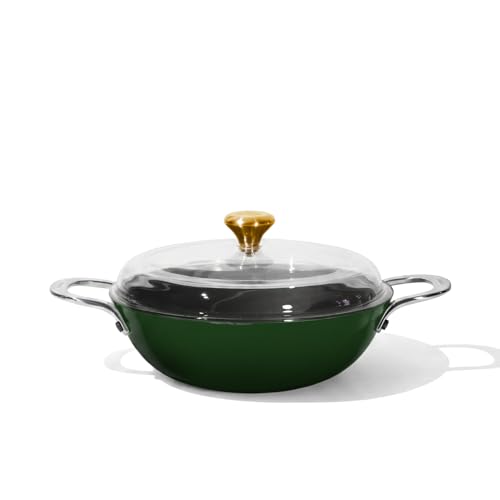 Image of CUMIN CO. Enamel Cast Iron Kadai LITE with Lid | 5.5L, 32 cm | 5 Years Warranty | Non Toxic Heavy Bottom Kadhai for Frying | Induction & Gas Compatible | Chemical Free Coating | Green