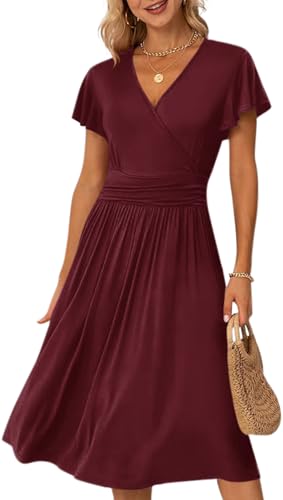 Image of Women's Casual Summer Dress V Neck Short Sleeve Flowy Stretchy Comfort Fit for Daily Wear Work Midi Dresses