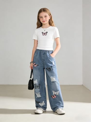 Image of Azmxynol Tween Girl Clothes Short Sleeve Top + Butterfly Design Jeans 2 Pieces Spring Summer Outfit Set, Size 6-16 Years