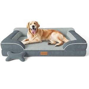Extra Large Dog Bed, Orthopedic Dog Bed with Cooling Gel Memory Foam, Waterproof XL Dog Bed with Removable Washable Cover, 42″ Dog Sofa Couch Dutch Velvet with Bone Toy, Dark Gray