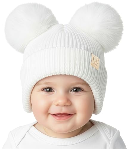 Image of Funky Junque Double Pom Pom Baby Beanie – Newborn Girl Winter Hat 0–12 Months, Cute Cozy Knit Infant Beanies for Cold Weather
