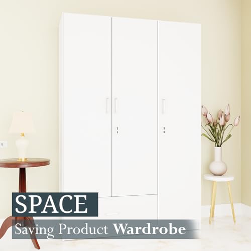 Image of VIKI Wardrobe | Wooden Almirah for 3 Door Wardrobe with 1 Drawer & Hanging Space (Frosty White - 40D x 120W x 180.8H) | 1 Year Warranty | Free Assembly