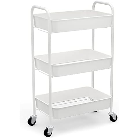 CAXXA 3-Tier Rolling Metal Storage Organizer - Mobile Utility Cart Kitchen Cart with Caster Wheels, White Cover