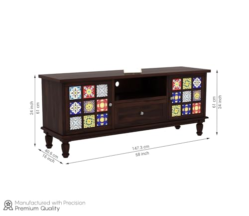 Image of Premium Solid Sheesham Wood TV Unit with 1 Drawer, 3 Shelves, and 2-Door Storage - Accommodates up to 55-Inch TV - Ideal for Elegant Living Rooms (Sebastian, Walnut Finish)