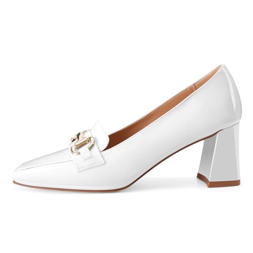 Image of Womens Mid Block Chunky Heeled Loafers Closed Square Toe Patent Leather Comfortable Slip On Pumps Metal Chain Basic Classic Casual Work Office Dress Shoes 2.8 Inches Heels
