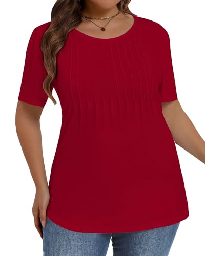 Image of Plus Size Tops for Women Pleated Summer Top Trendy Short Sleeve Shirts Casual Basic Tee Crew Neck Blouses 2026