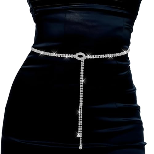 DOPENSPI Rhinestone Belts for Women, Crystal Chain Belt Sparkly Silver Belt Crystal Waist Chains...