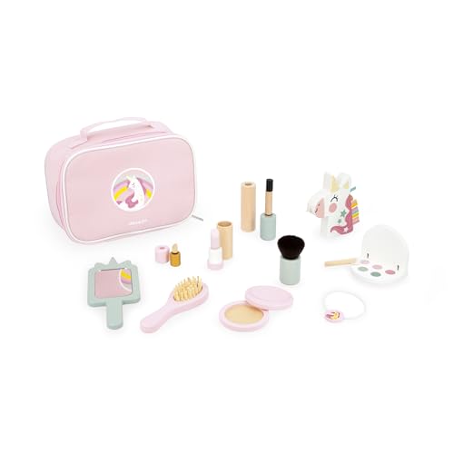 Janod - J06465 - Beauty Case - Unicorn Theme - 10 Accessories Included - Wooden Makeup Toys - Cosmetic Toy Kits - Ages 3+ - J06465, Pink
