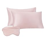 Amazon Basics Satin Sleep Set for Hair and Skin with 2 Pillowcases, Eye-mask, and Travel Pouch - Blush, Queen
