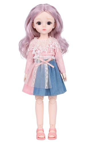 Image of Tickles Set Movable Jointed Cute Girl Brown Eyes Fashionable Doll Multicolor Flower Print for Kids Girls (Size: 30 cm Color: Pink & Blue)
