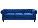 Beliani 3-Sitzer Sofa Samt blau Dicke Sitzkissen Armlehnen Knopfheftung Chesterfield