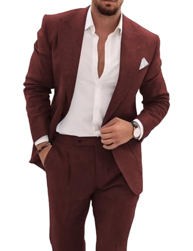Men's Linen Suit Men 2 Piece Suit Jacket Pant Set Casual Suits for Men Groomsmen Wedding Prom Mens Summer Suits