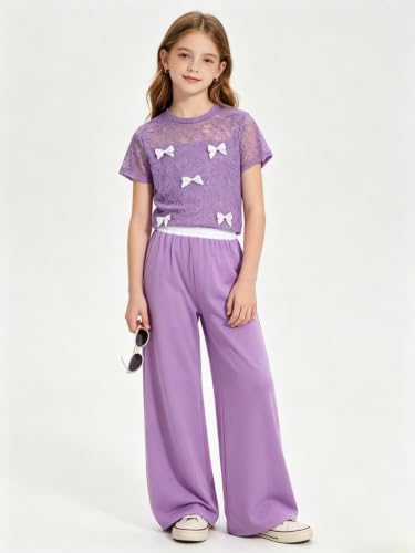 Image of Girls Clothes 2 Piece Short Sleeve Lace Bow Print Tops Flared Pants Set Little Girl Outfits Size 7-14