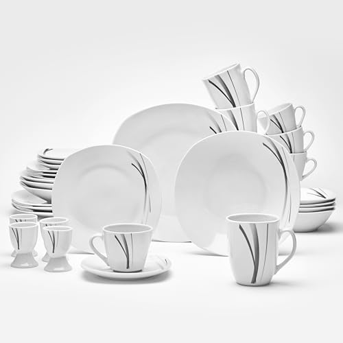 van Well Alaska Service de table pour 4 personnes – Service combiné classique en porcelaine blanche 32 pièces – Service de table de forme carrée, blanc avec lignes grises et noires pour une table