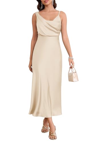 Image of Women's Summer Satin Dress Elegant Cowl Neck Adjustable Spaghetti Strap Wedding Guest Cocktail Party Maxi Dresses