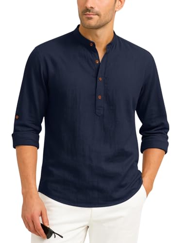 Image of Zombom Men's Cotton Blend Kurta Shirt with Full Sleeves Mandarin Collar Neck Solid Pattern for Men Regular Fit Ethnic Wear Casual Festive Top Modern Style | Cotton Shirt for Mens